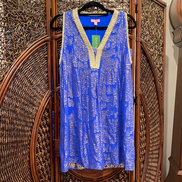 lilly pulitzer tanner silk dress NEW Lilly Pulitzer TANNER Silk Dress, Blue & Gold, Pineapple Clip Chiffon MEDIUM